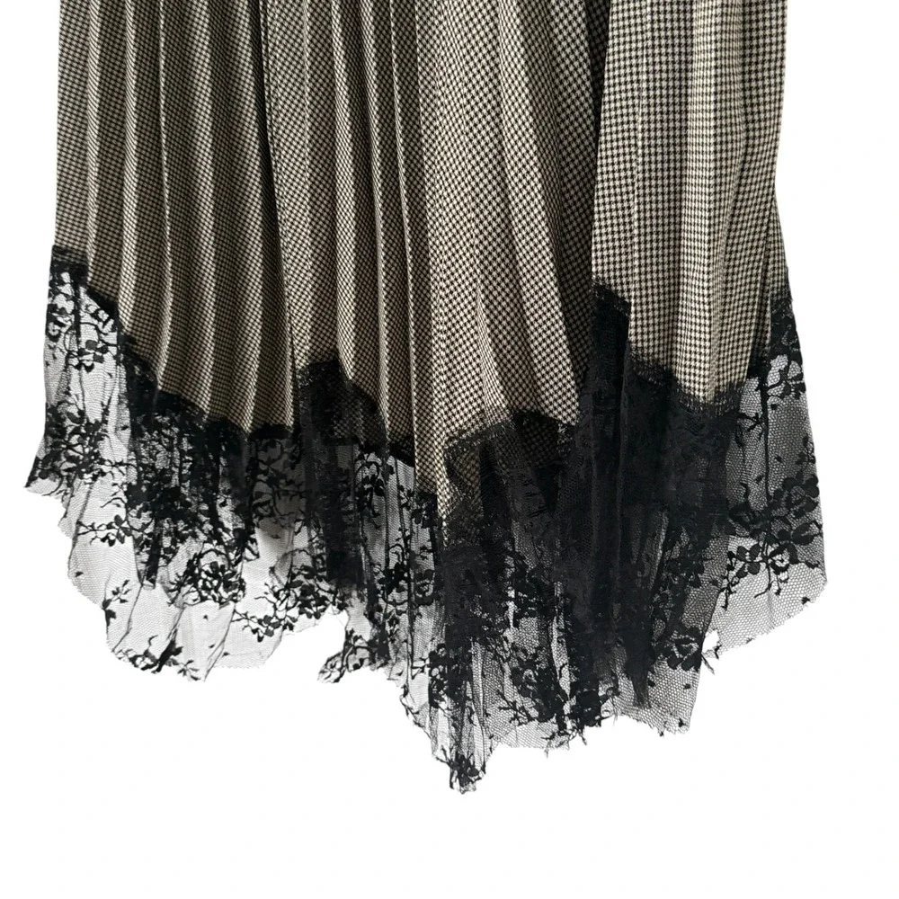 Vintage Houndstooth Pleated Midi Skirt Black Lace Trim Handkerchief Hem 12‎